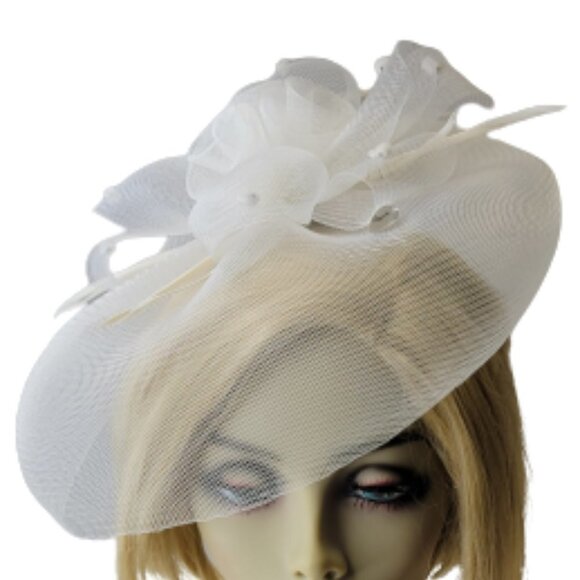 White Saucer Fascinator Mesh with White Rosette Saucer Hair Accessory - Picture 4 of 14